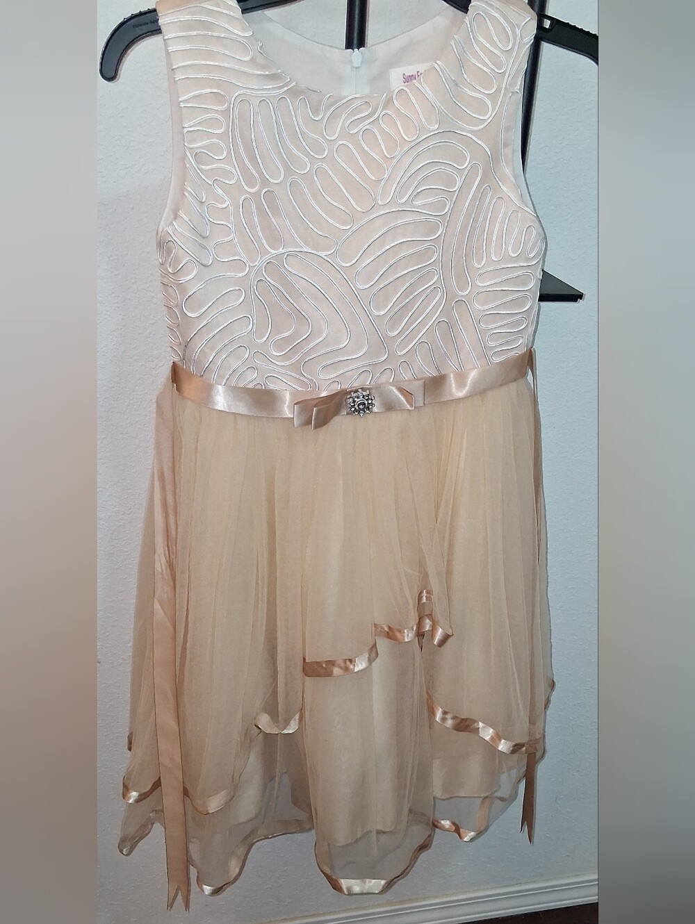 Girls Elegant Cream Party Dress with Satin Ribbon